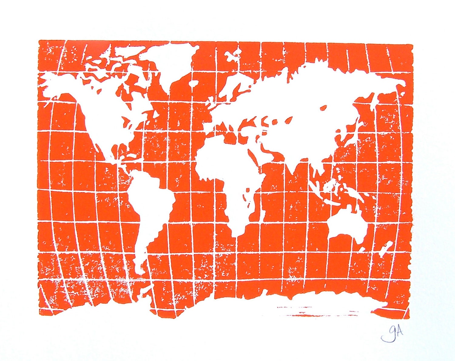 PRINT - world map ORANGE LINOCUT letterpress poster 8x10