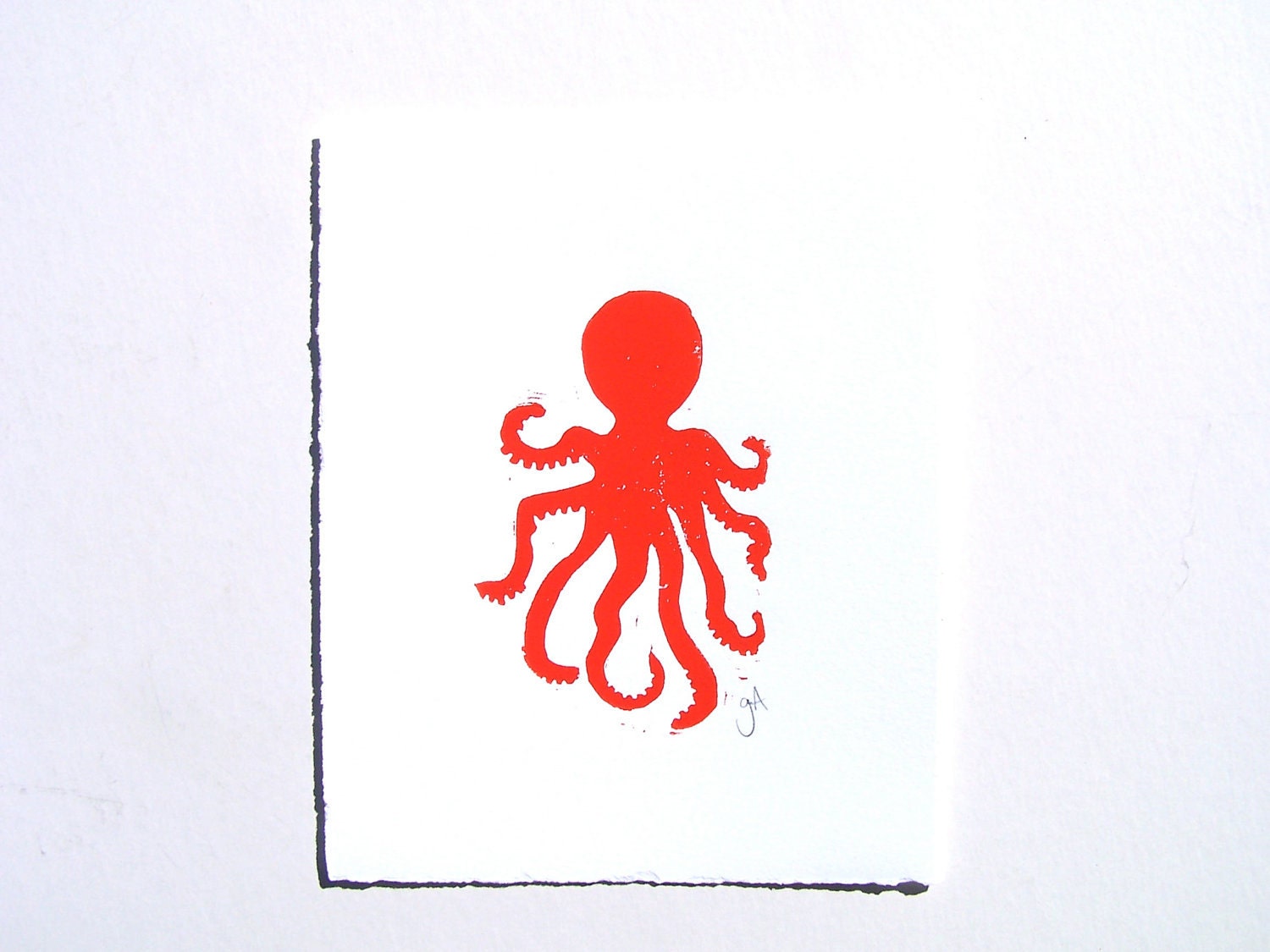 PRINT - Octopus RED linocut 8x10 letterpress marine animal