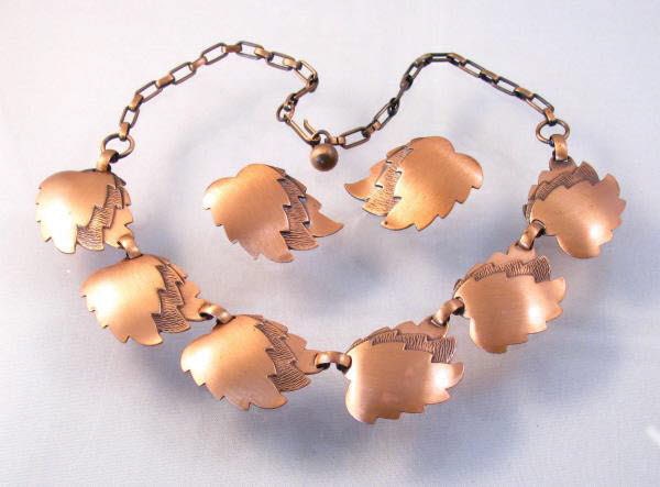 Copper leaves necklace and earring vintage set