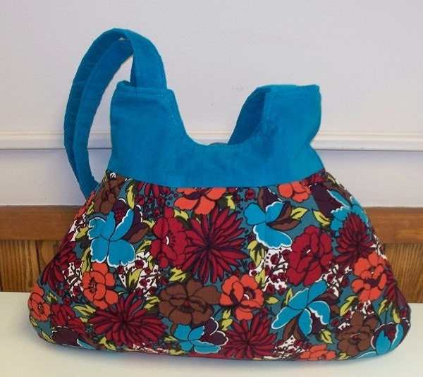Shop Closing Clearance -  was 50 - Posh Pleated and Buttoned Corduroy Market Hobo Bag - Turquoise Floral