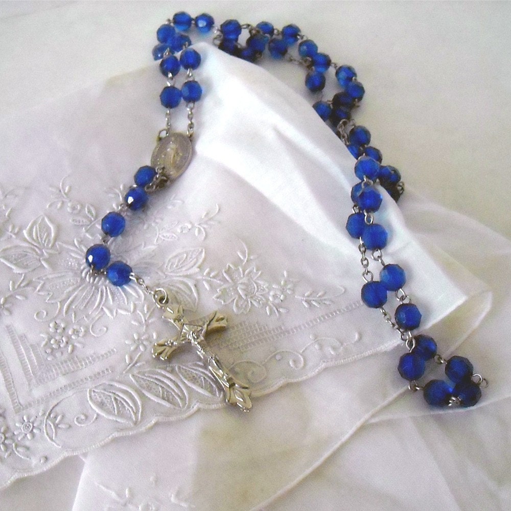 Vintage 60's Crucifix Blue Beads and Silvertone