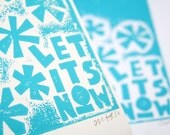 Let is Snow Printmaking, Hand Pulled Print, Raw Art Letterpress, Typography, Snow Flakes, Christmas, Turquoise, December Trends