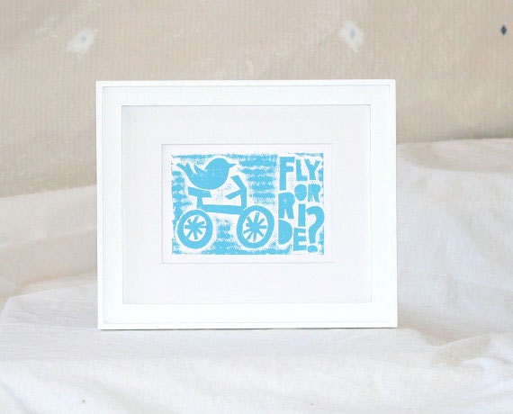 Bicycle Bird Print, Raw Art Letterpress, Typography Posters and Prints, Wall Art, December Trends Turquoise, Nursery Art Print