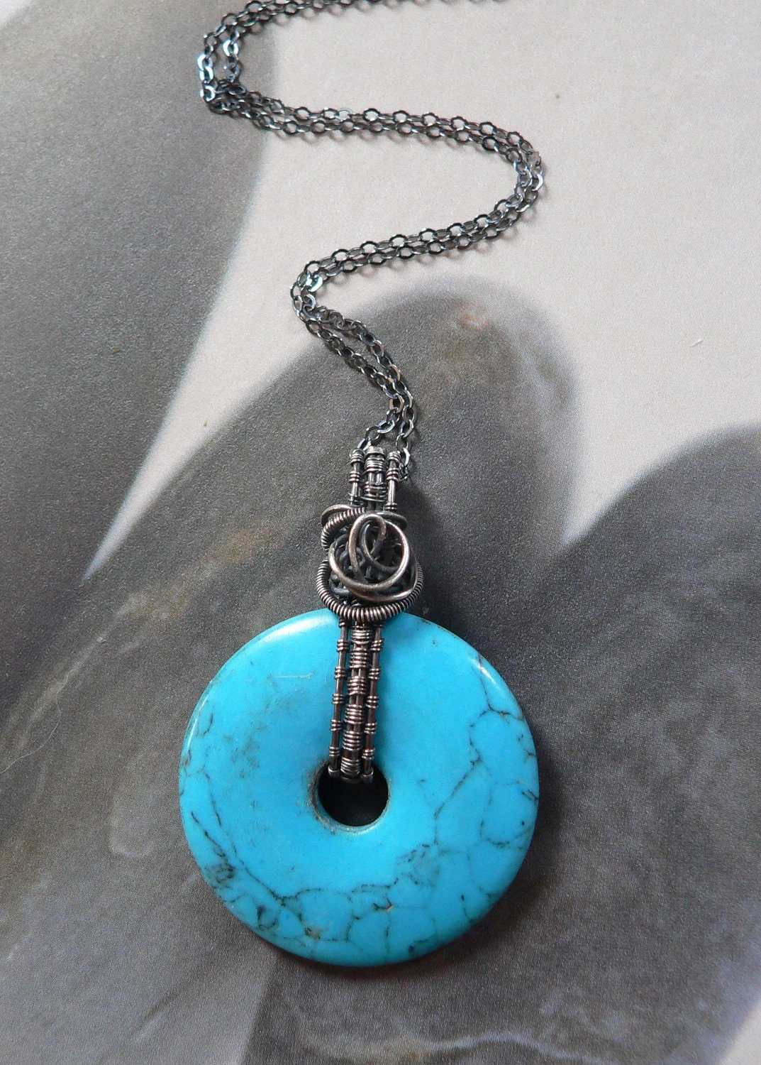 Turquoise Dyed Howlite Donut Sterling Silver Wire Wrapped Necklace OOAK