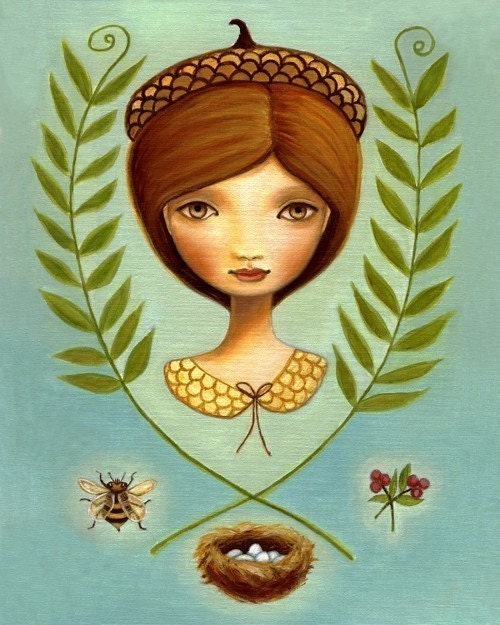 art print Acorn queen big eye Girl Bee pink berry beehive bird print nest blue green autumn premium matte by Marisol Spoon