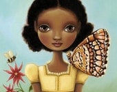 art print Girl butterfly honey bee print blue sky natural black african girl flower 11x14 LARGE print on premium matte Maya by Marisol Spoon