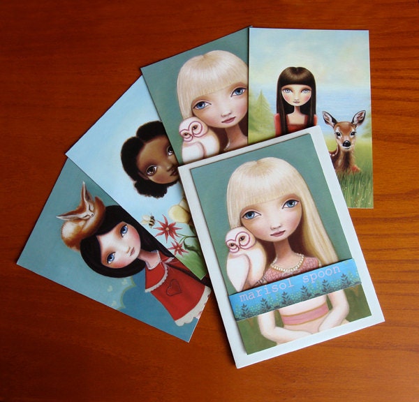 Woodland postcard pack big eyed girls thank you cards greeting cards - girl, owl art, fox, fawn,  Marisol Spoon