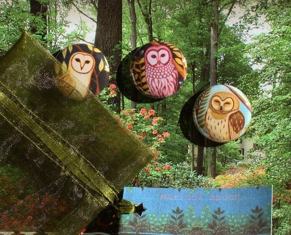 Owl Art button pack Woodland owls - Three Little Owls pin pack - pin back buttons by Marisol Spoon