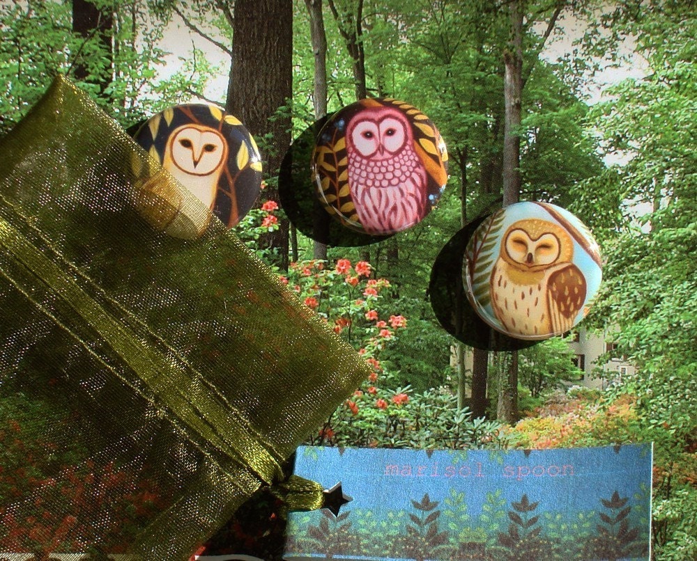 Owl Art button pack Woodland owls - Three Little Owls pin pack - pin back buttons by Marisol Spoon