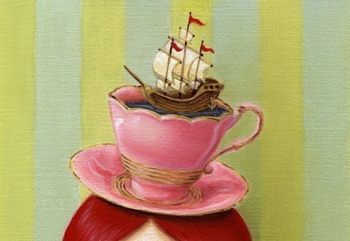 Big eye girl redhead art 8x10 wonderland art print pink hair tea cup illustration ship art nautical painting art print by Marisol Spoon