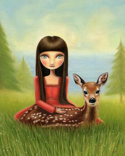 art print big eye Girl deer fawn print ocean sea forest big sur - 8x10 print snow white matte paper - Woodland and sea art by Marisol Spon