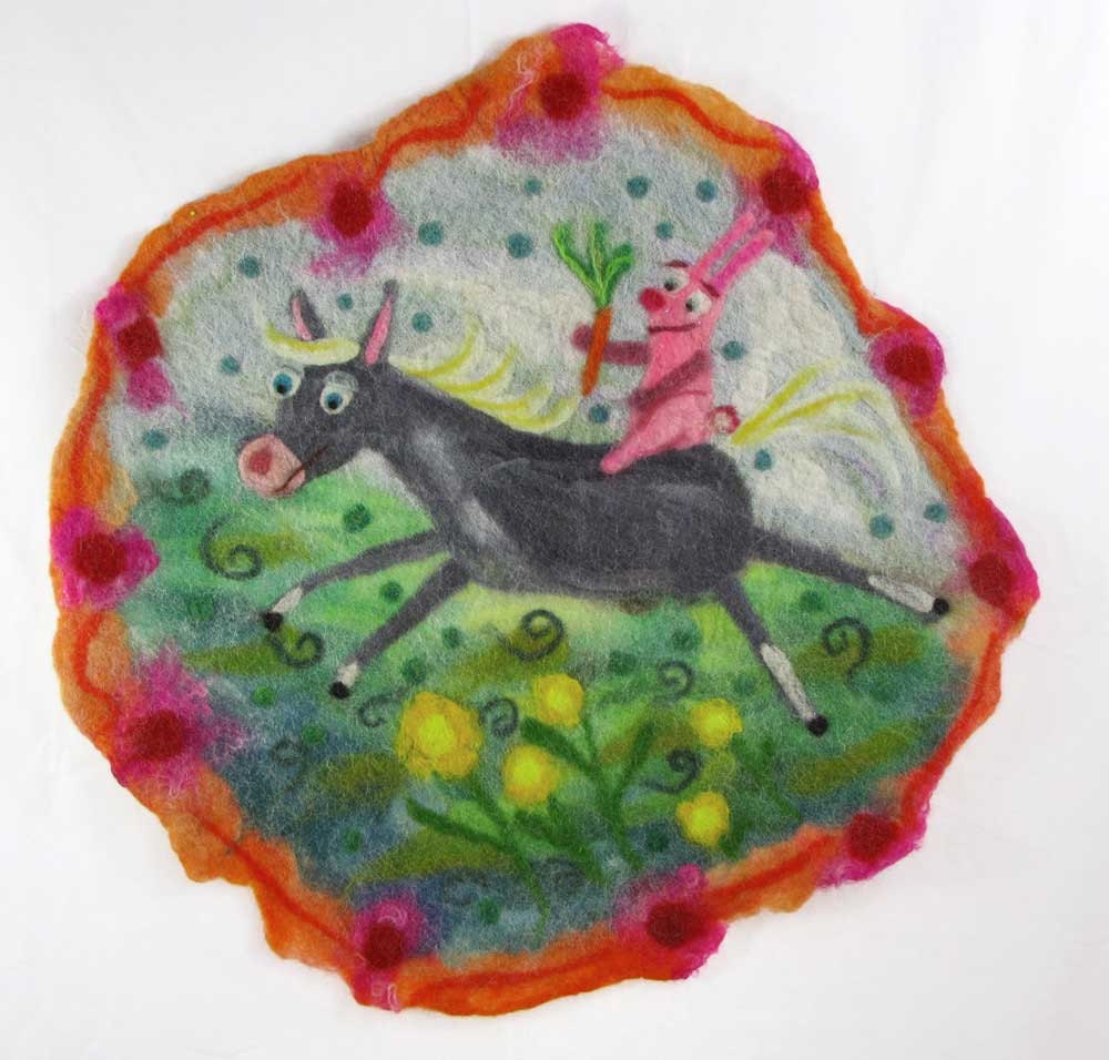 Pony Rug or Wall Hanging with Pink Bunny - Felted Alpaca