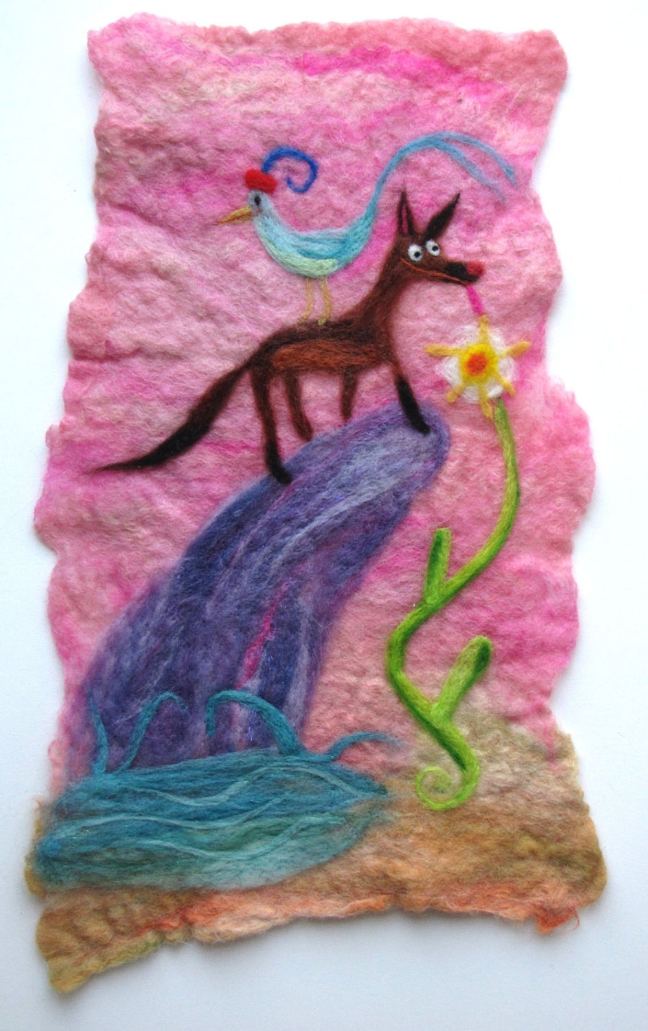 Wolf with Blue Bird on a Purple Hill Fanciful Nature Tapestry OOAK