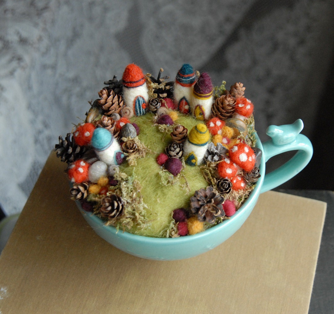 Tiny Fairy Houses and Village, Waldorf Fairy Garden in a Cup, Needle Felted