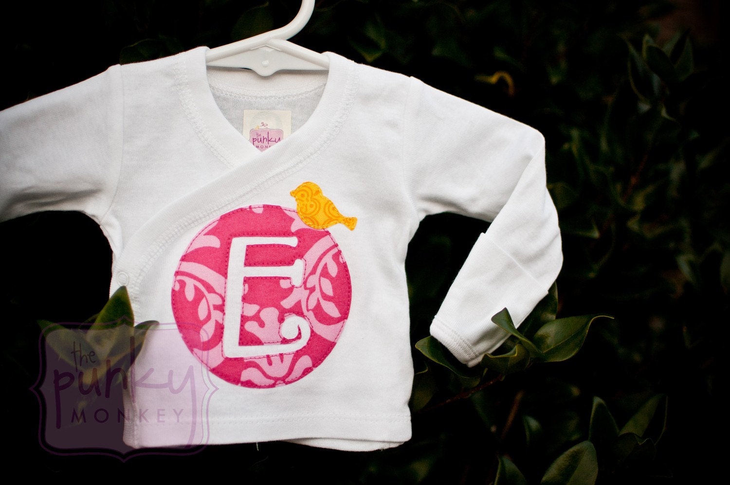 Punky Birdy Monogram Infant Hospital Shirt, Take Me Home, Initial, Circle, Pink, Yellow, Stylish, Unique, Bird, Tiny, Delivery, Kimono