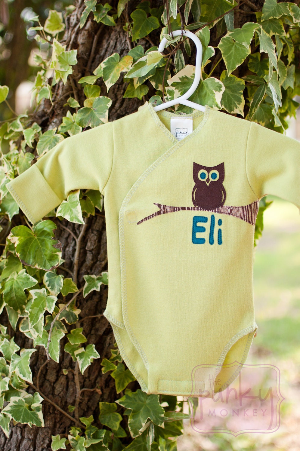 Perched Personalized - Kimono Onesie, velcro, take me home, bird or owl on a branch