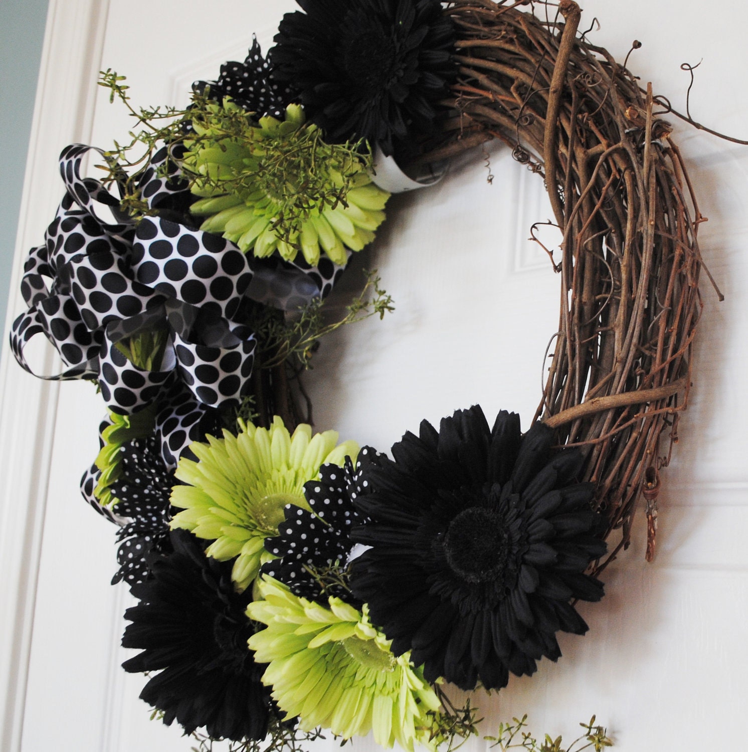 Wreaths-Door Wreath-Lime Green and Black Polka Dot Wreath for Front Door