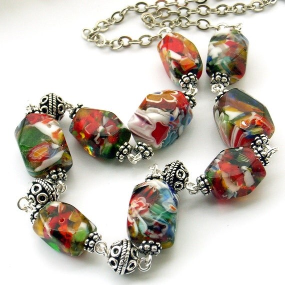 Handmade red Picasso glass bead necklace