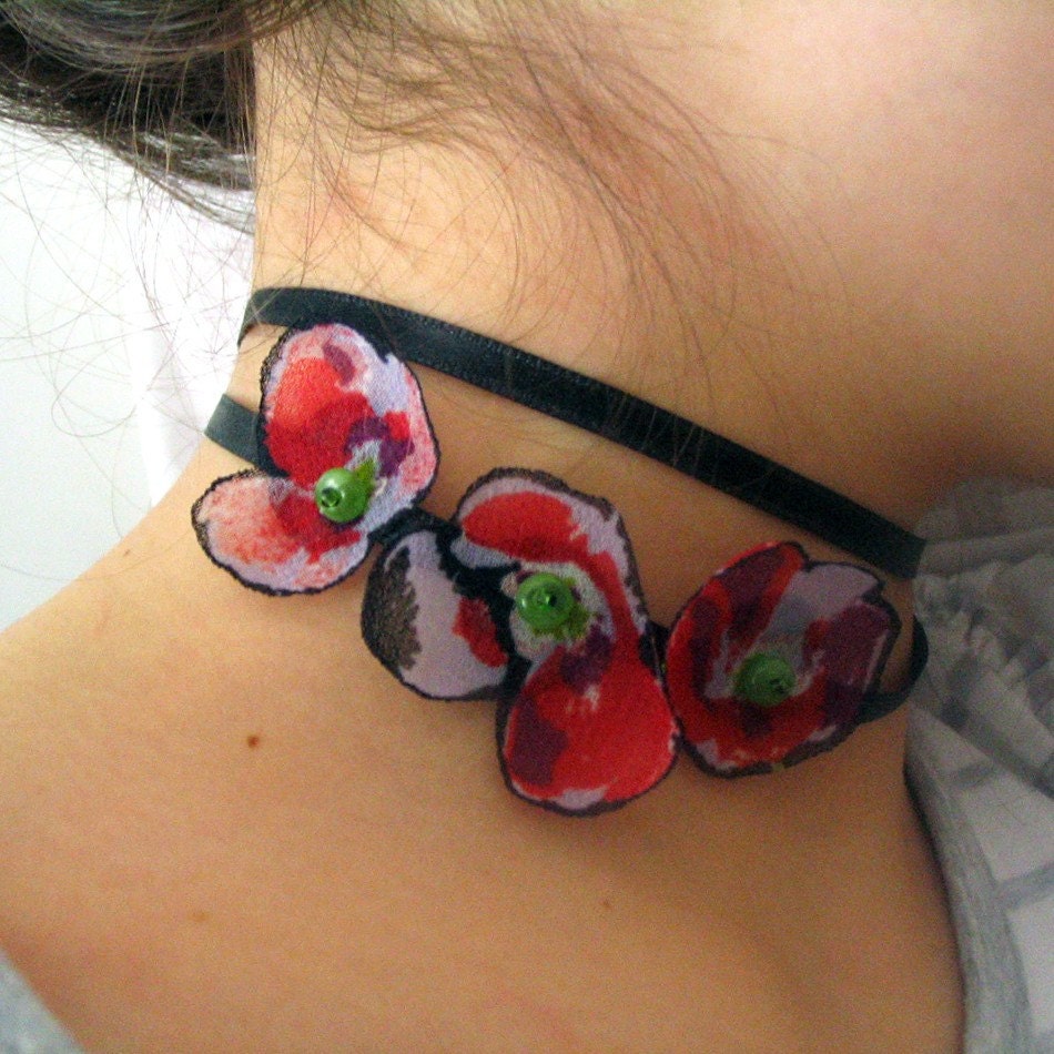 Poppies Neck / Wrist Charm / Bracelet: Black Satin Sash, Ribbon Collar Necklace, Handmade