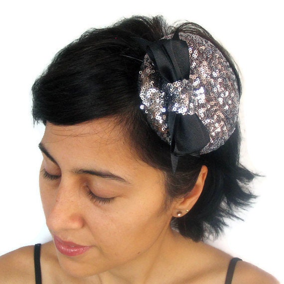 Cocktail / Derby / Bridal Hat Fascinator : Sparkled Grey Sequined with Black Bow. Handmade and OOAK.