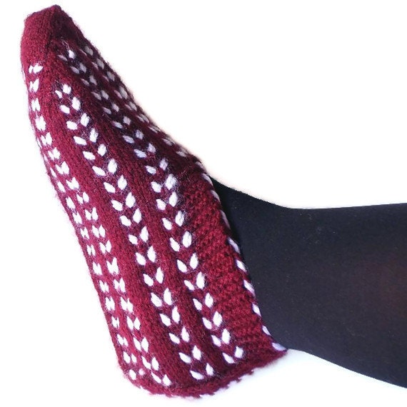 Handknit Wool Socks Authentic Design Slippers  Crimson Flats OOAK Unique Handmade