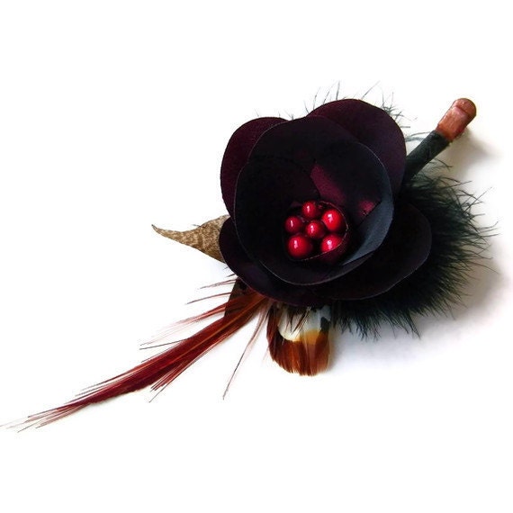 Camellia Flower Headpiece Feathery Hair Charm OOAK. Unique Design in Burgundy Taffeta