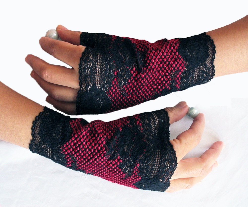 Fingerless Gloves, Black Burgundy Lace Wrist Cuffs. Handmade OOAK.