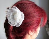 Bridal Head Piece / Flower Brooch Made with Polka Dot Organza Tulle, VERSATILE USAGE. Handmade cream white - CUSTOMIZABLE