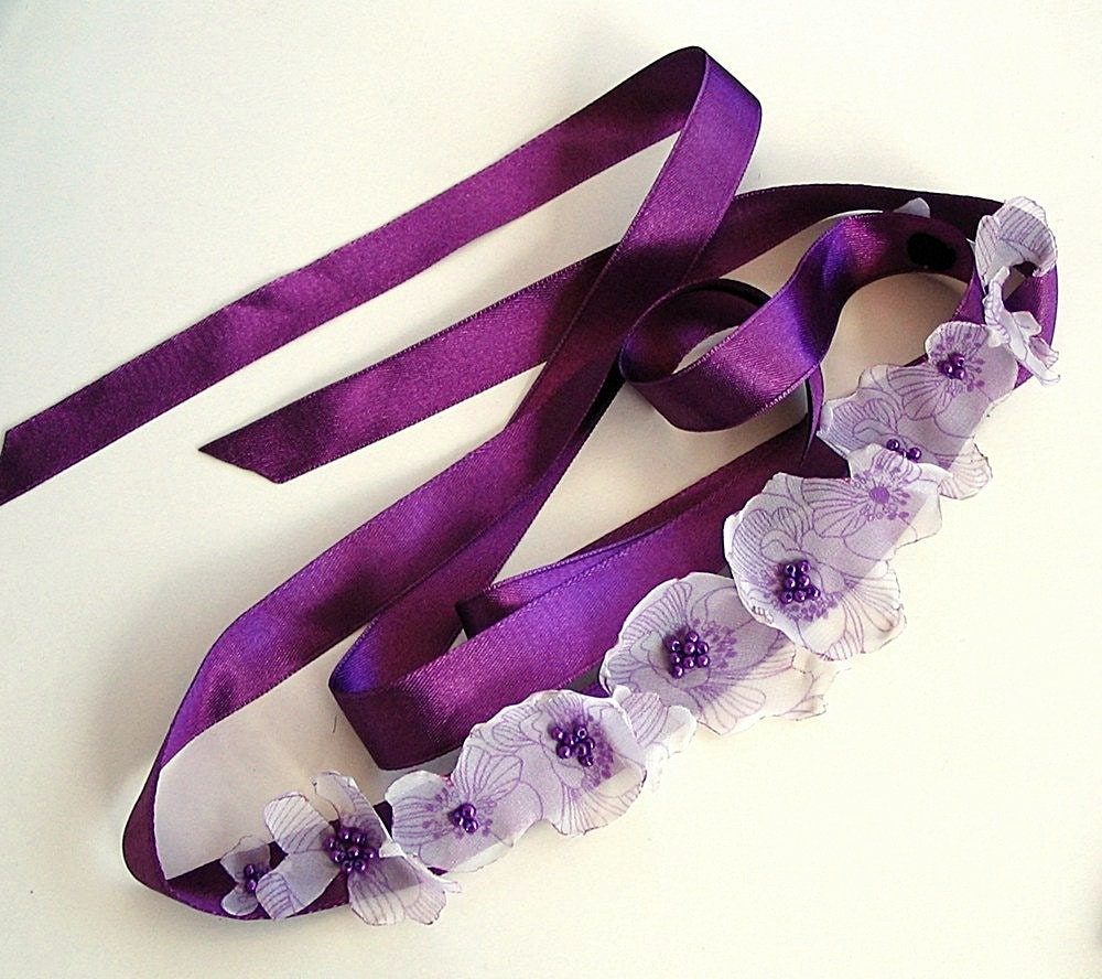 Satin Ribbon Headband - Neck Charm - Sash Belt, Bridesmaids Gifts, Eggplant Purple. Handmade. Multiple Usages