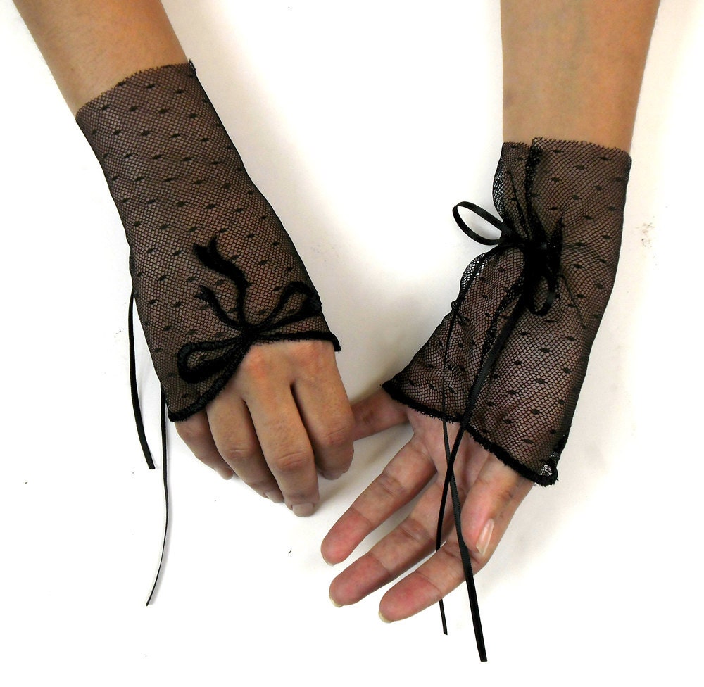Black Fingerless Gloves - Light Stretcy, Light Tulle, Ribbon Accented. Handmade