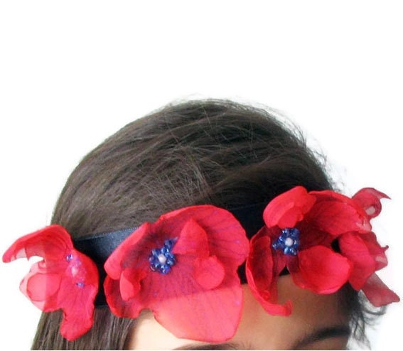 Fairy Children Headband with Flitting Organza Red Flowers, with Black Satin Ribbon. Handmade, OOAK