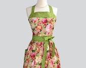 Womens Bib Full Apron - Handmade English Garden Pink and Green Floral Cute Kitchen Apron