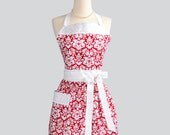 Womens Bib Full Apron , Full Handmade Kitchen Apron in Traditional Red and White Damask Perfect for Personalization