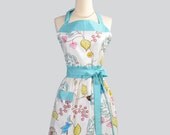Womens Bib Full Apron , Full Handmade Kitchen Apron in Leanika Vine Ivory Florals in Soft Teal Houndstooth