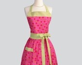 Womens Bib Full Apron , Full Handmade Kitchen Apron in Fuchsia and Sage Perfect for Personalization
