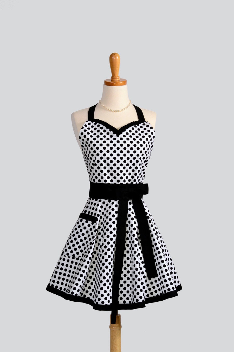 Womens Sweetheart Apron / Black and White Dalmatian Dots from Fabric Designer Michael Miller