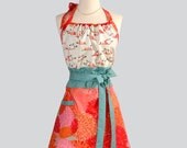 Cute Kitsch Retro Apron . Full Womens Apron Birds Perched on the Bodice Beautiful Shades of Mandarin Orange and Pinks