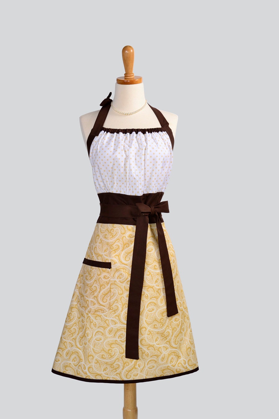 Cute Kitsch Apron . Swiss Chocolate Swirl Skirt and Polka Dot Trimmed in Chocolate