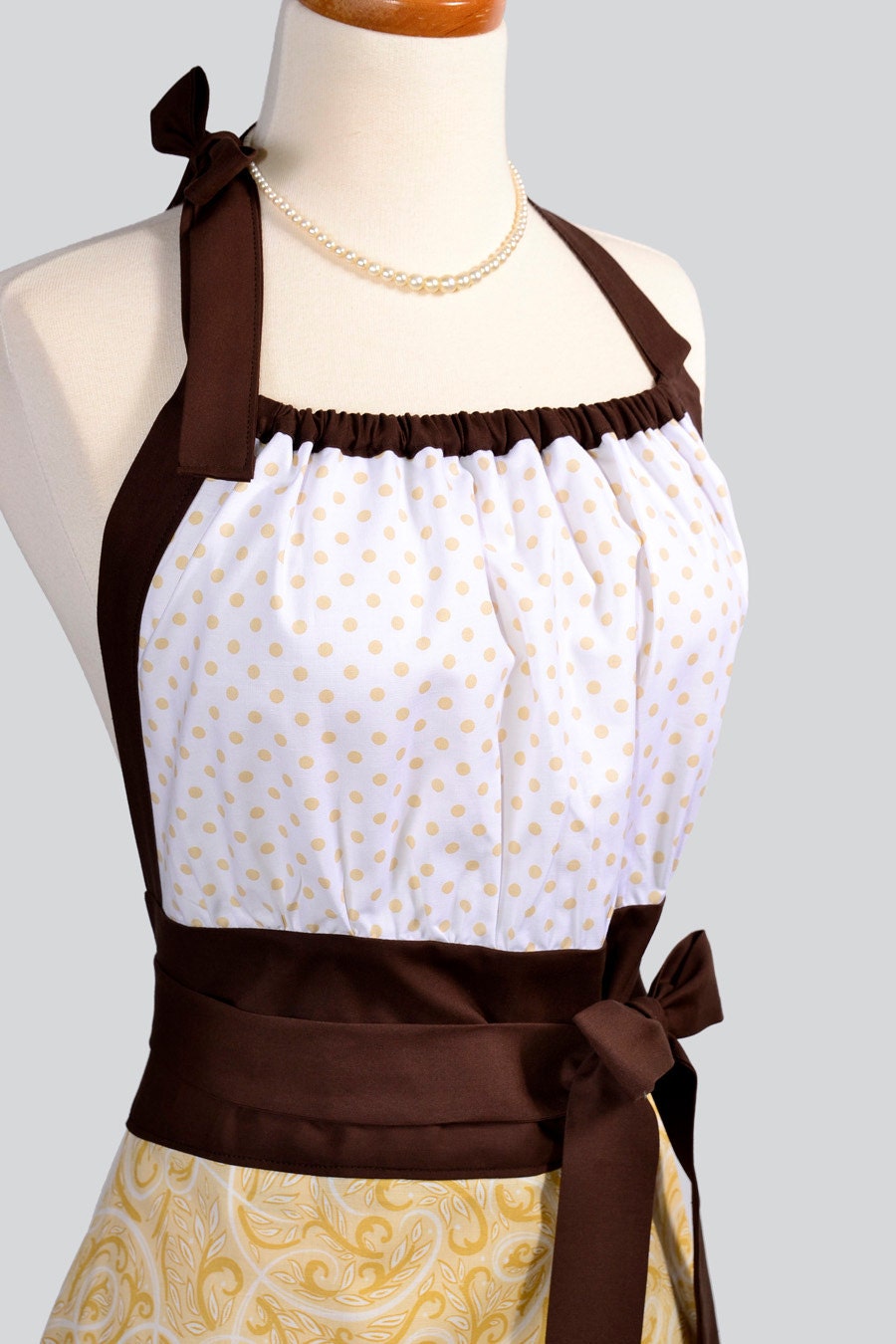 Cute Kitsch Apron . Swiss Chocolate Swirl Skirt and Polka Dot Trimmed in Chocolate