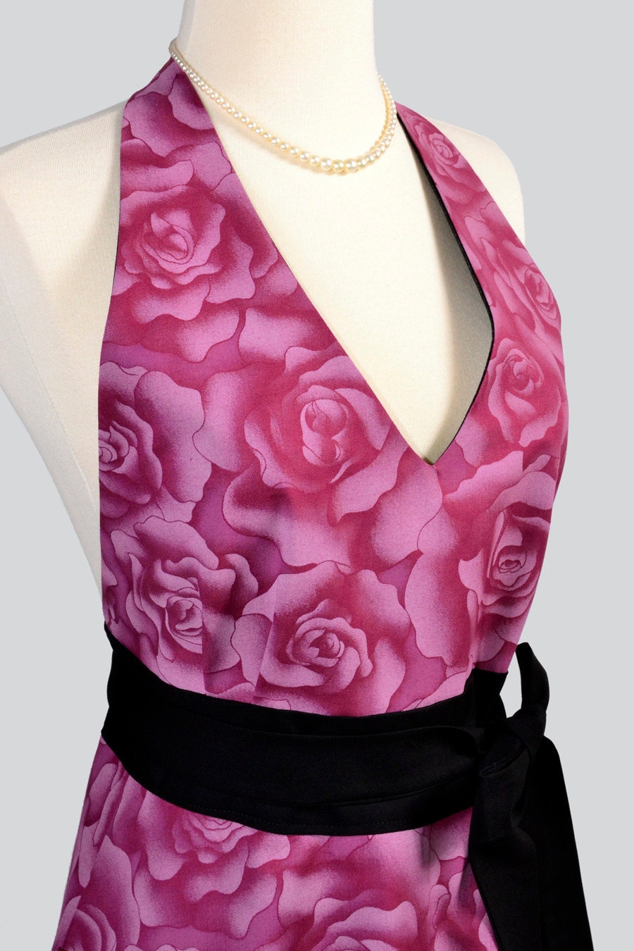 Sexy Womens Hostess Apron . Classy Halter Apron Beautiful Wine and Roses Trimmed in Black