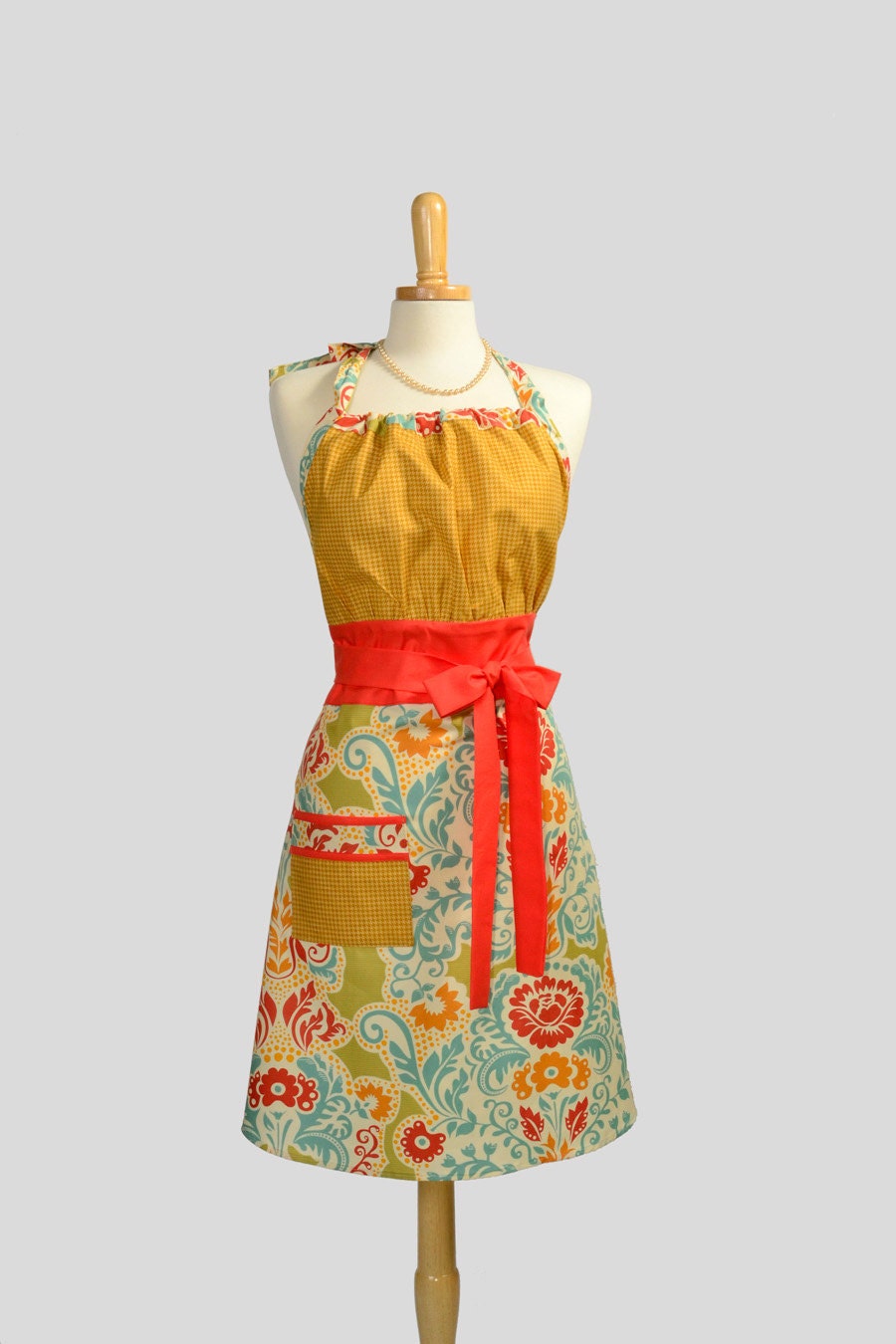 Cute Kitsch Apron / Retro to the Max in Colors of Mango Orange Soft Aqua and Gold Houndstooth a Knockout Retro Apron to Pin