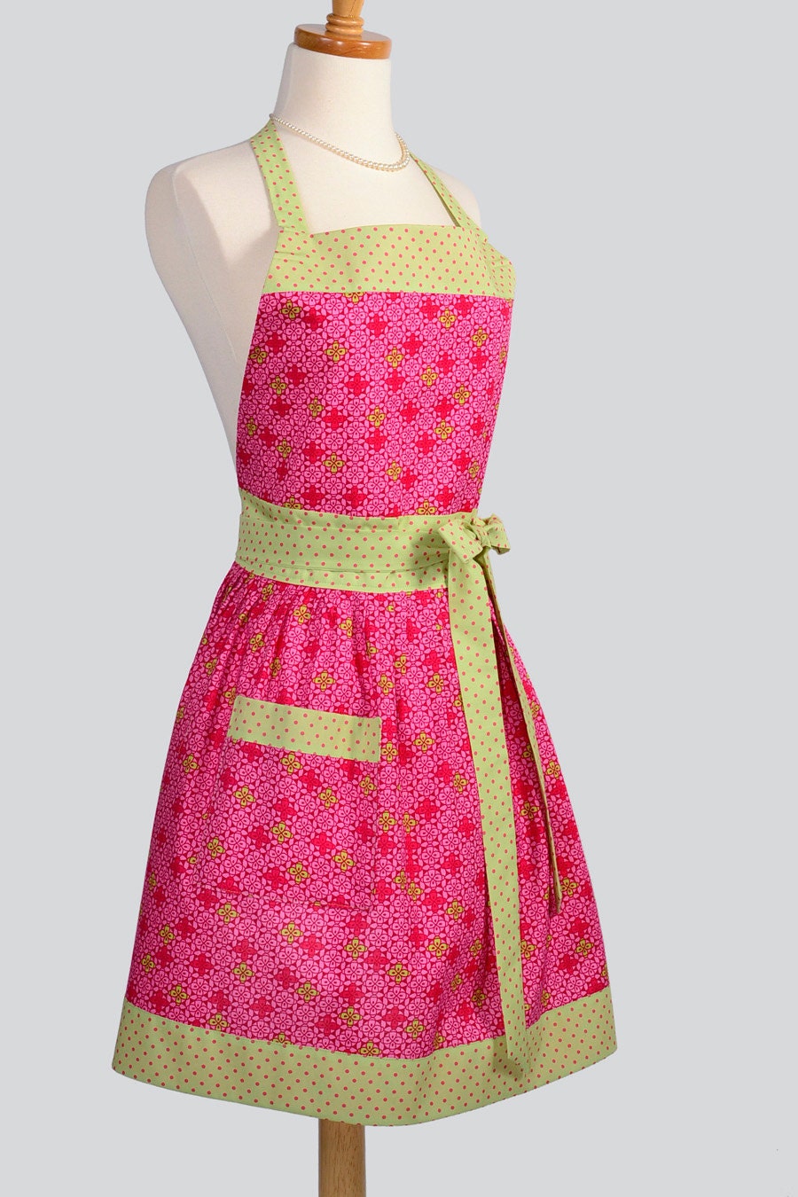 Womens Bib Full Apron , Full Handmade Kitchen Apron in Fuchsia and Sage Perfect for Personalization