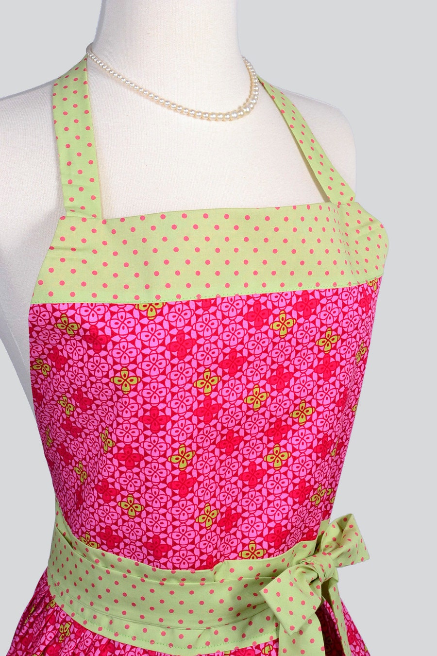 Womens Bib Full Apron , Full Handmade Kitchen Apron in Fuchsia and Sage Perfect for Personalization