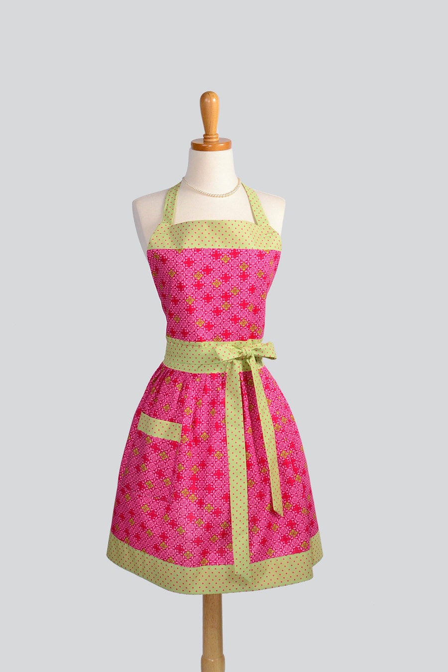 Womens Bib Full Apron , Full Handmade Kitchen Apron in Fuchsia and Sage Perfect for Personalization