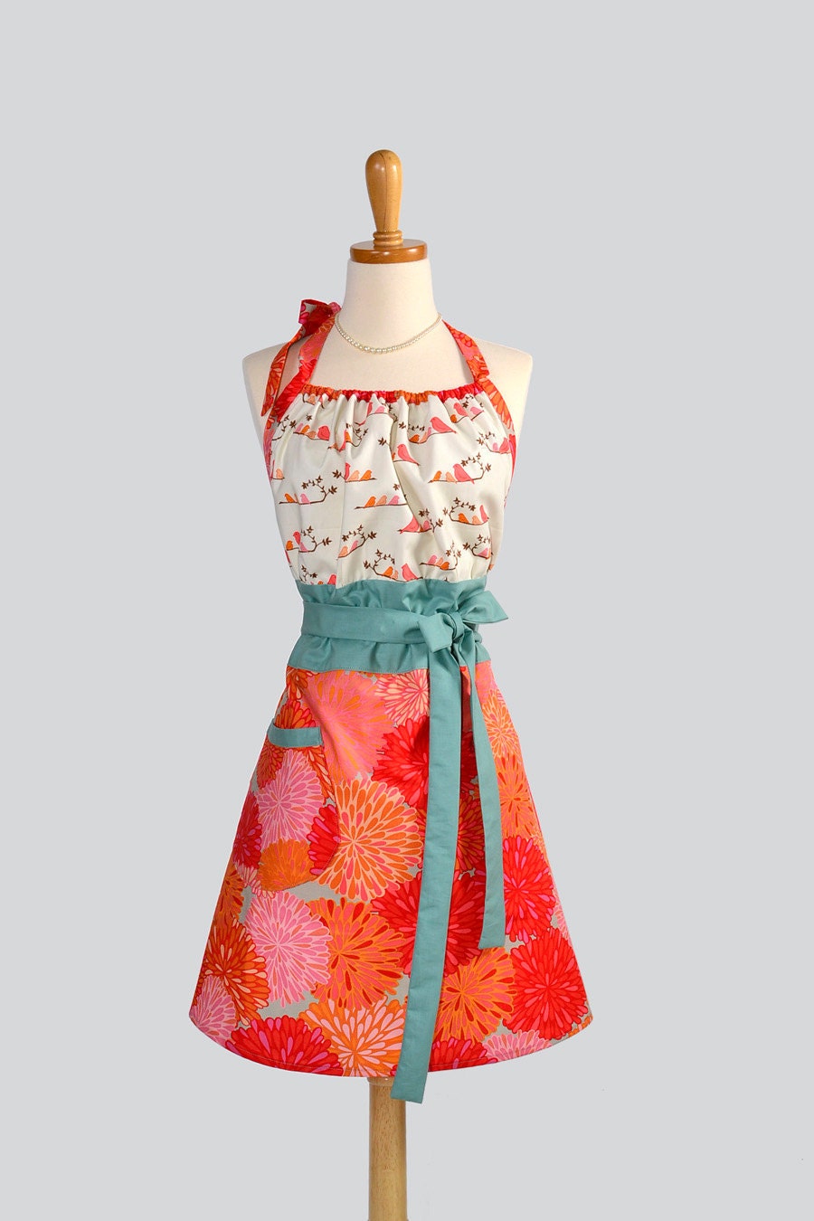 Cute Kitsch Retro Apron . Full Womens Apron Birds Perched on the Bodice Beautiful Shades of Mandarin Orange and Pinks