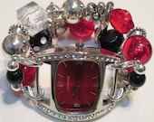 RED, BLACK AND CLEAR WITH SILVER ACCENT BEADS DOUBLE STRANDED INTERCHANGEABLE WATCH BAND INCLUDES RED WATCH FACE WITH RHINESTONES