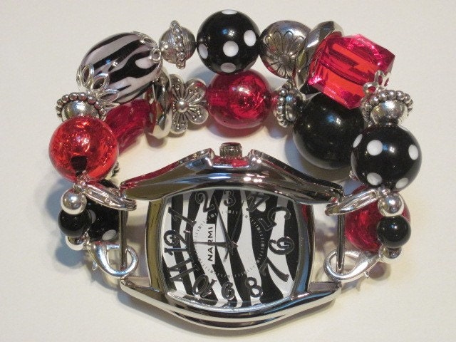 Sale red and black and zebra with silver accent beads double stranded interchangeable wath band includes zebra watch face.