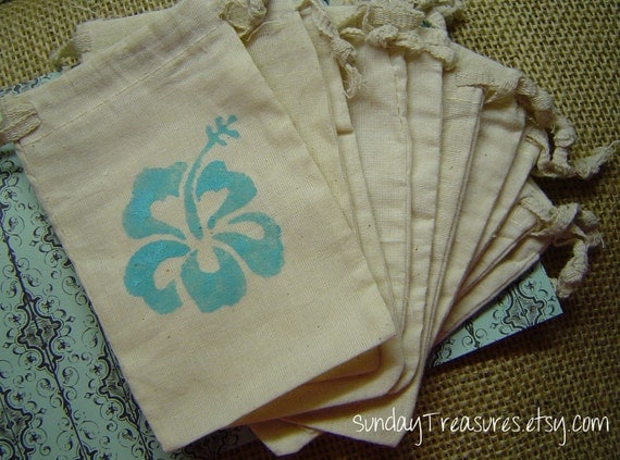 Blue Hibiscus Hawaiian  Flower. 4x6 Muslin Drawstring Favor Candy Gift Goody Bags Birthday Baby Shower Beach Wedding Luau 3 day ship