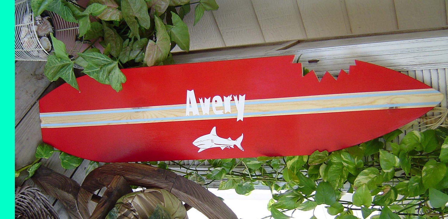 4FT PeRSONALIZED SHARK Surfboard Wall art Sign with Shark Bite. Hawaiian Surf Wall Decor. Matches PBK Shark Bedding. 150 Designs 3 Sizes.