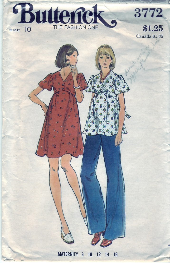 Vintage 1974 Butterick 3772 Sewing Pattern Misses' Maternity Dress, Top and Pants Size 10 Bust 32-1/2